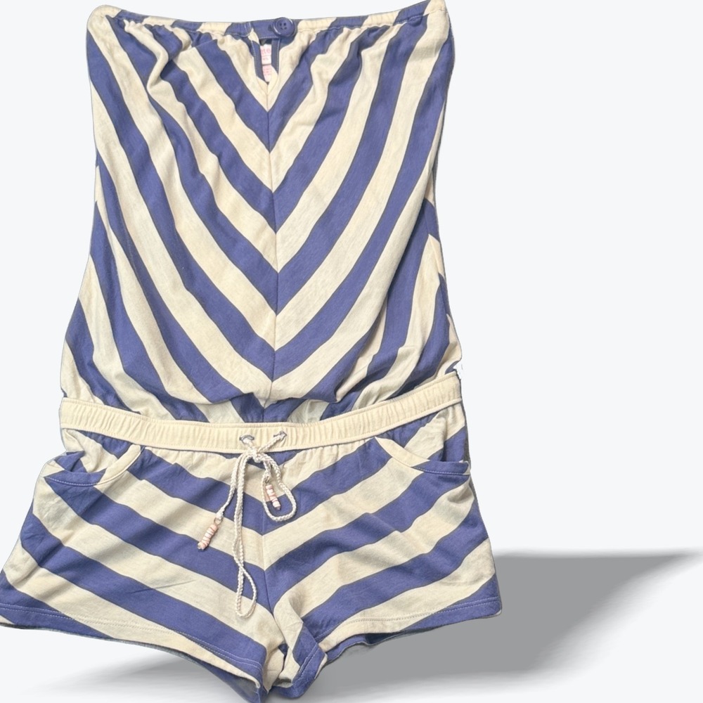 Strapless Romper Nautical Stripe Womens XS Pockets Drawstring Charlotte Ronson